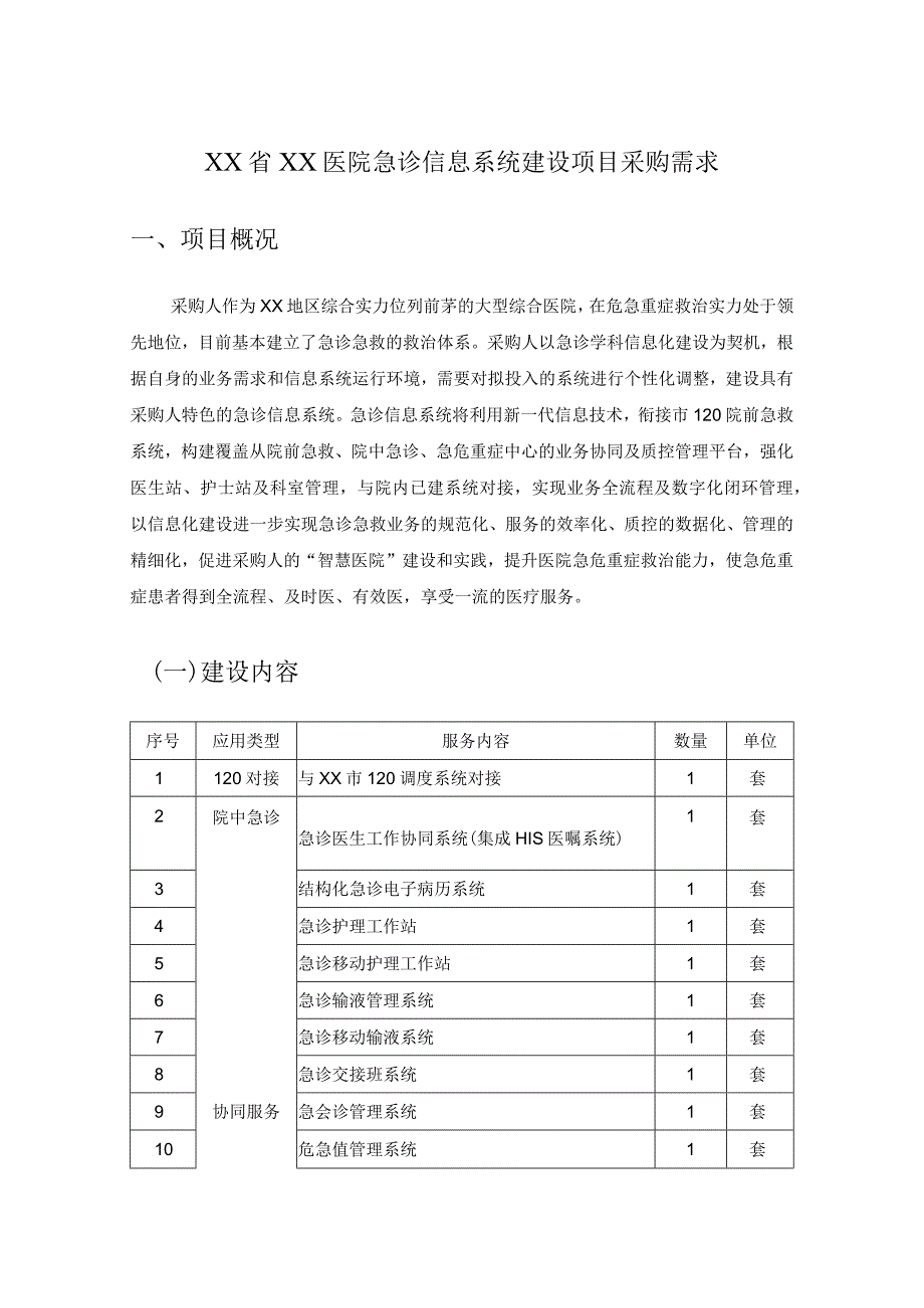 XX省XX医院急诊信息系统建设项目采购需求.docx_第1页