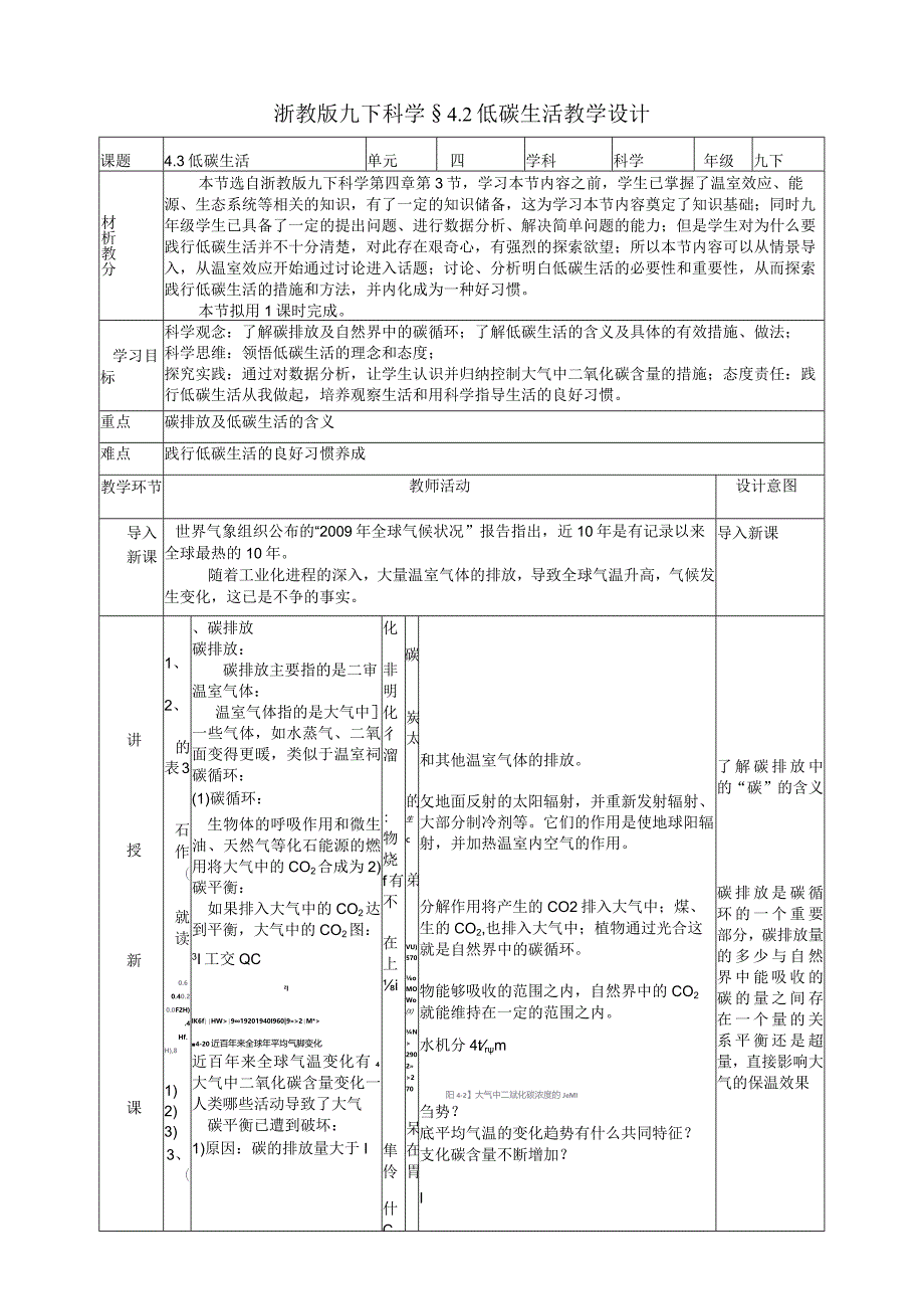 2024浙教版九下科学4.3低碳生活教学设计（表格式）.docx_第1页