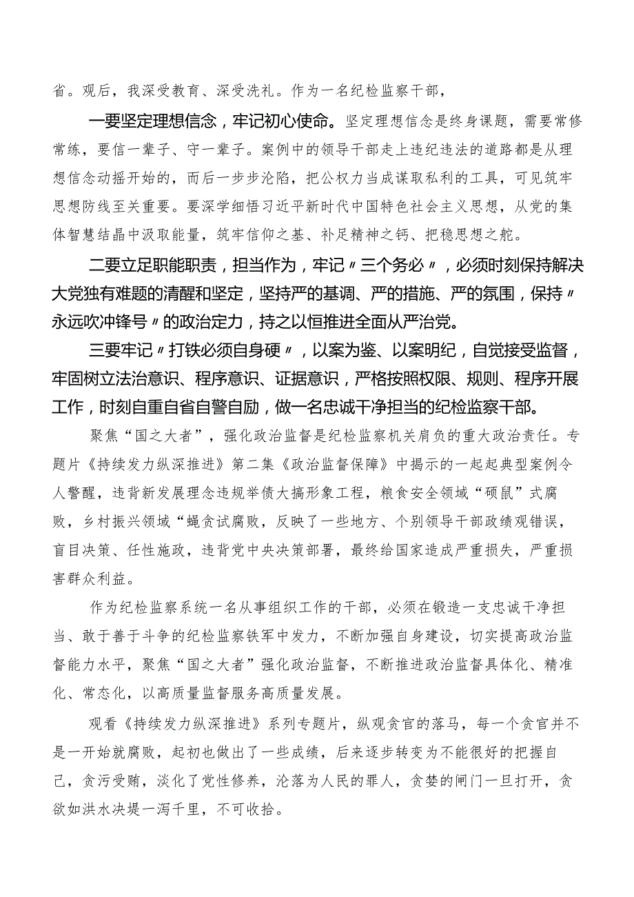 7篇汇编深入学习贯彻电视专题片《持续发力纵深推进》发言材料及心得体会.docx_第2页