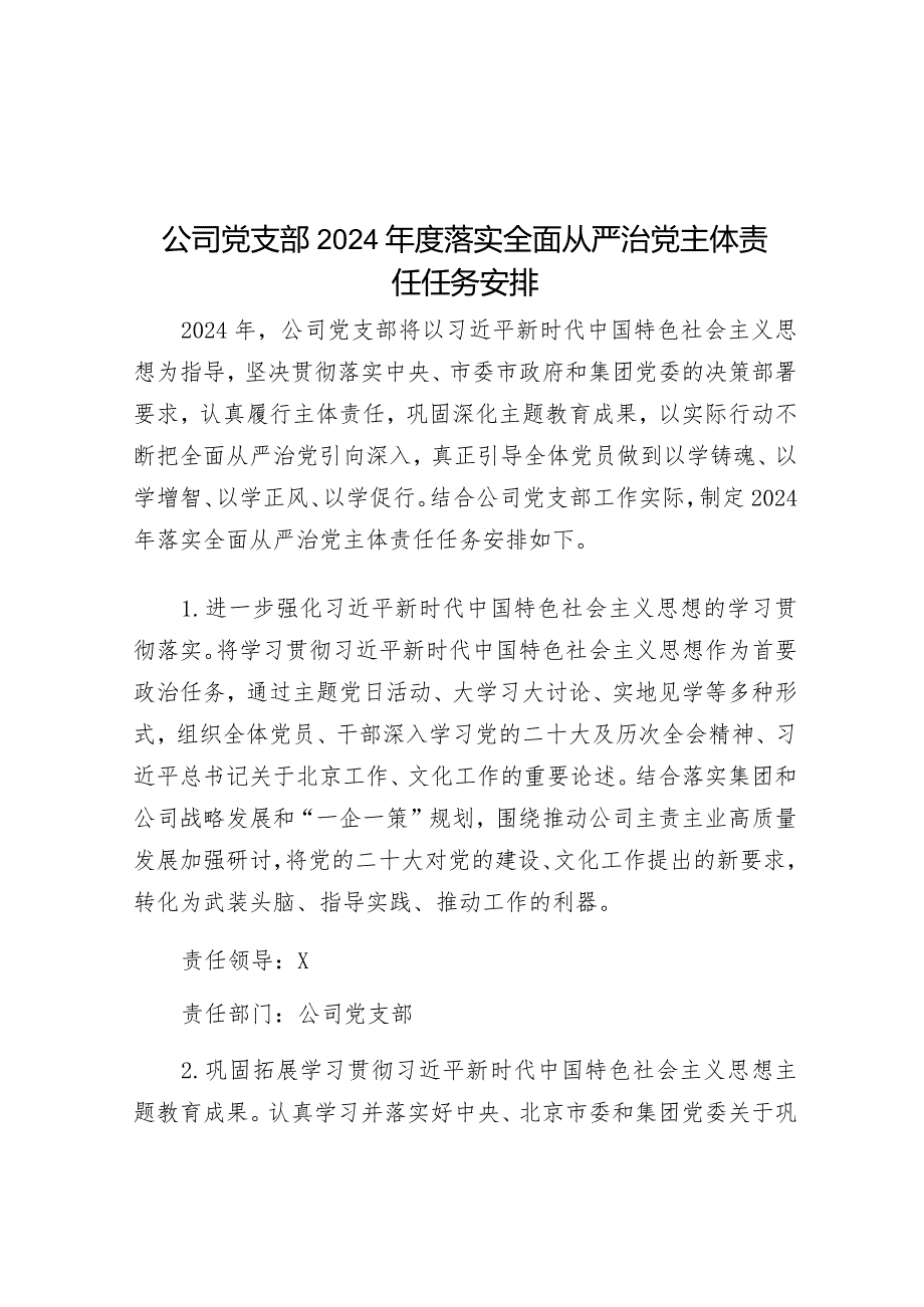 2024年度落实全面从严治党主体责任任务安排（公司党支部）.docx_第1页