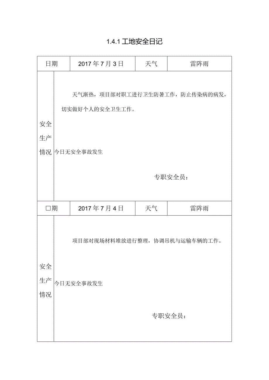 [施工资料]工地安全日记(26).docx_第1页