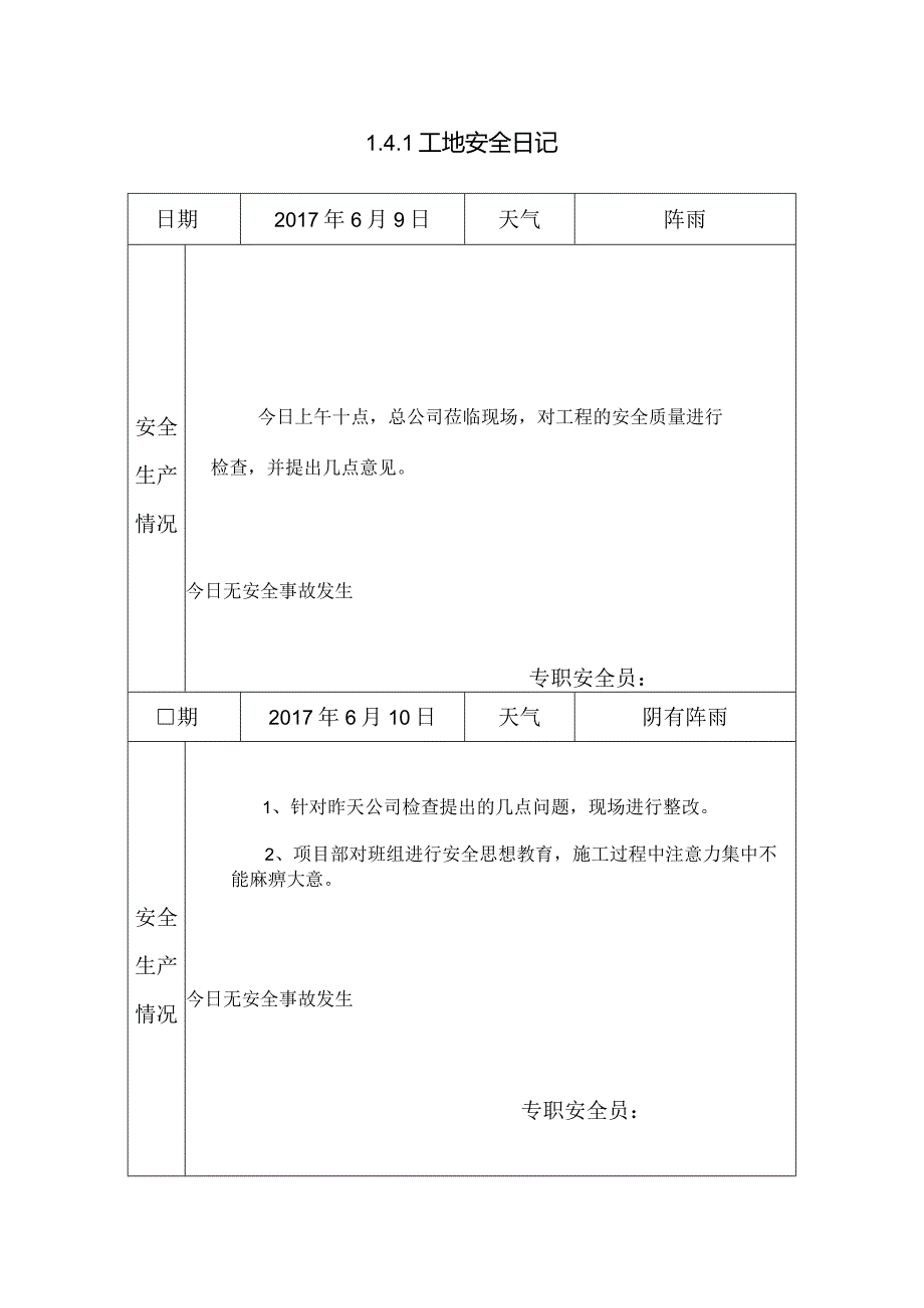 [施工资料]工地安全日记(14).docx_第1页