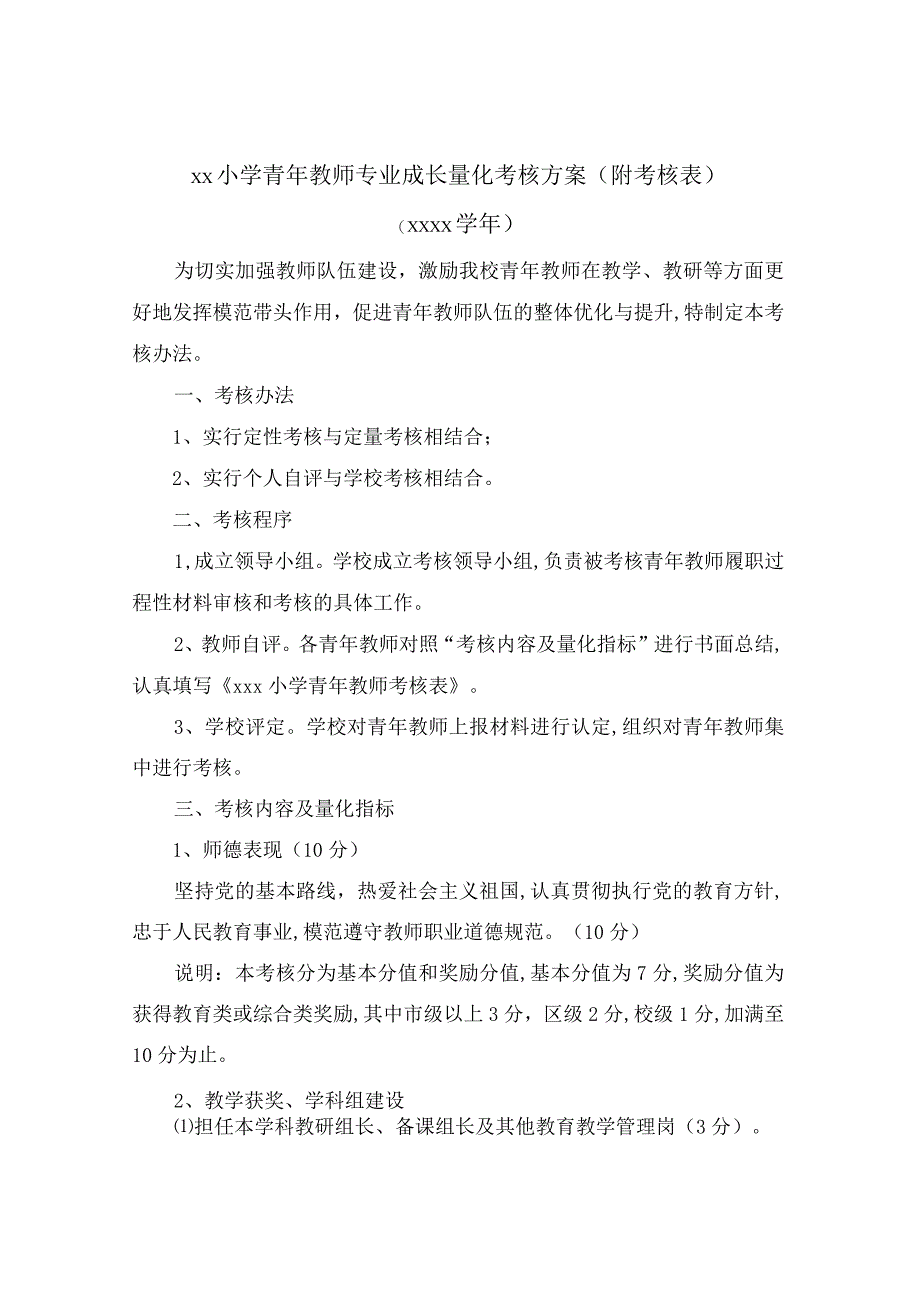 xx小学青年教师专业成长量化考核方案（附考核表）.docx_第1页