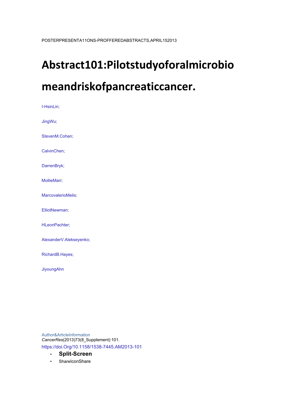 Abstract101Pilotstudyoforalmicrobiomeandriskofpancreaticcancer.docx_第1页