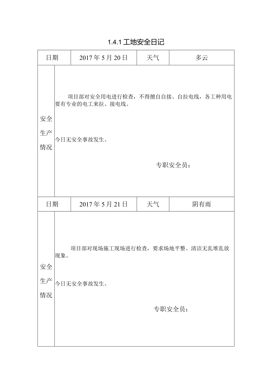 [施工资料]工地安全日记(4).docx_第1页