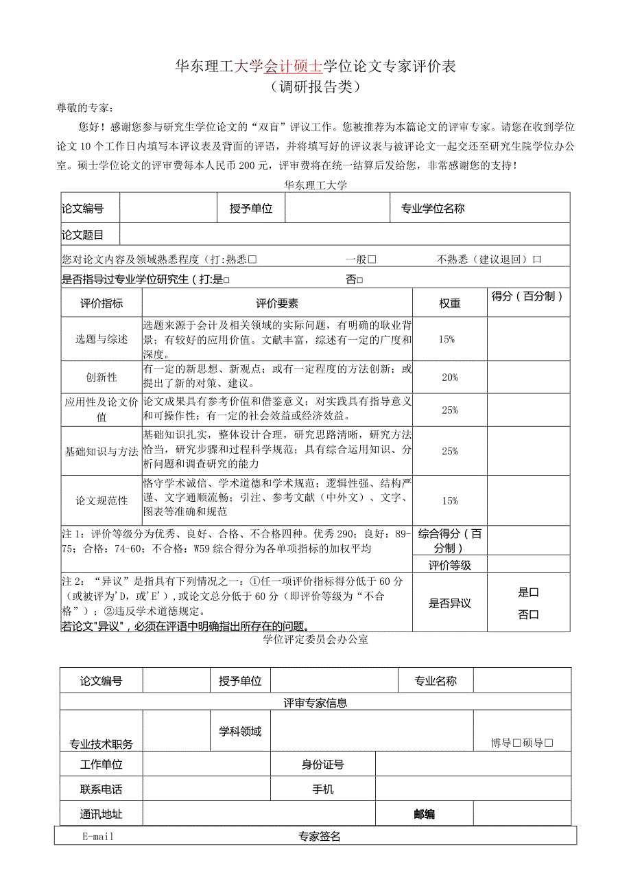 XX理工大学会计硕士学位论文专家评价表（调研报告类）.docx_第1页