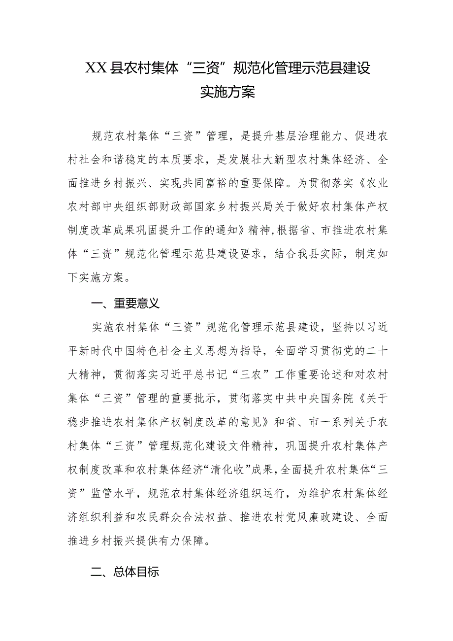 XX县农村集体“三资”规范化管理示范县建设实施方案.docx_第1页