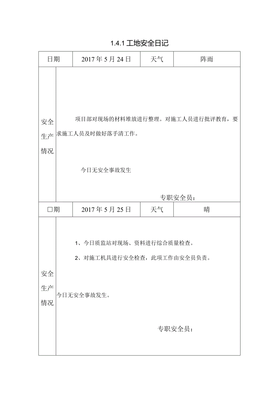 [施工资料]工地安全日记(6).docx_第1页