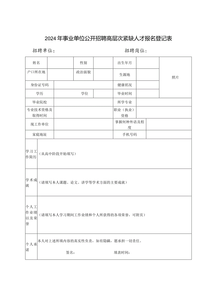 2024年事业单位公开招聘高层次紧缺人才报名登记表.docx_第1页