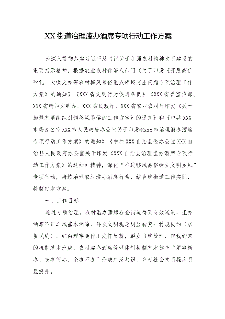 XX街道治理滥办酒席专项行动工作方案.docx_第1页