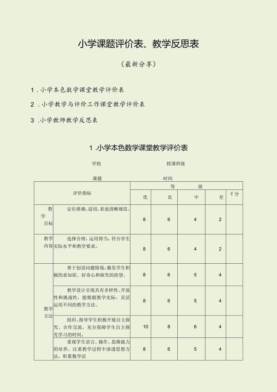 小学课题评价表、教学反思表（最新分享）.docx_第1页