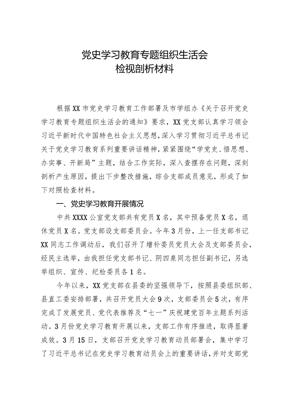 党史学习教育专题组织生活会班子检视剖析材料.docx_第1页