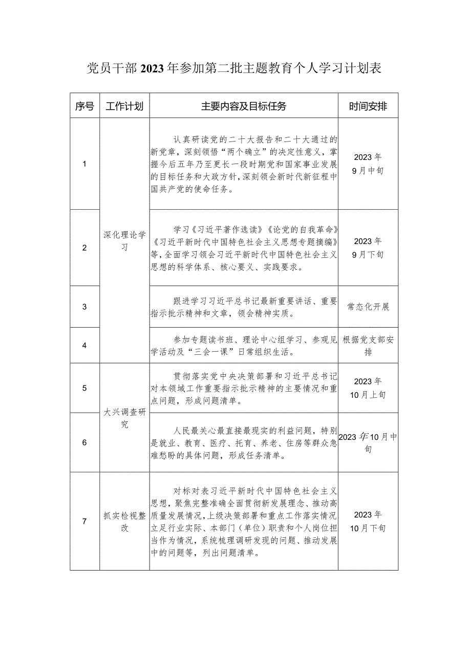 党员干部2023年参加第二批主题教育个人学习计划表.docx_第1页
