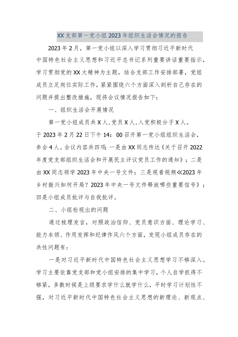 【精品文档】XX支部第一党小组2023年组织生活会情况的报告（整理版）.docx_第1页