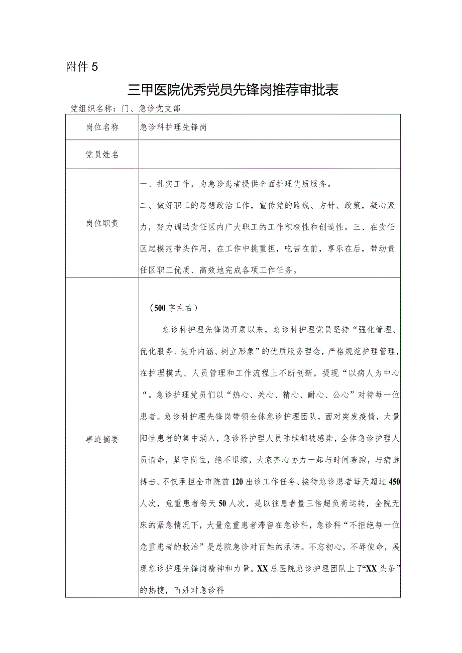 三甲医院优秀党员先锋岗推荐审批表.docx_第1页