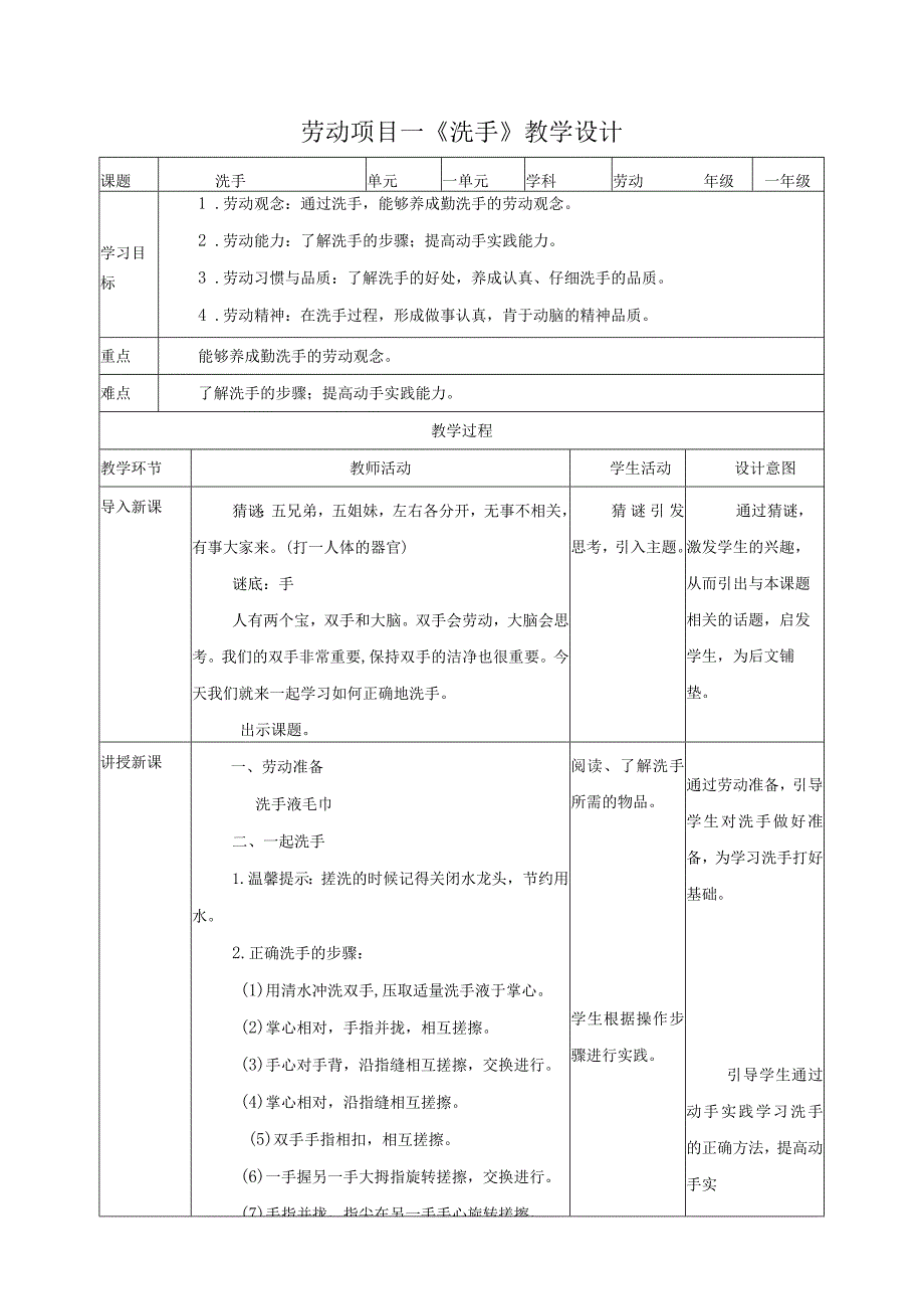 【核心素养目标】人教版《劳动教育》一上：《洗手》教案.docx_第1页