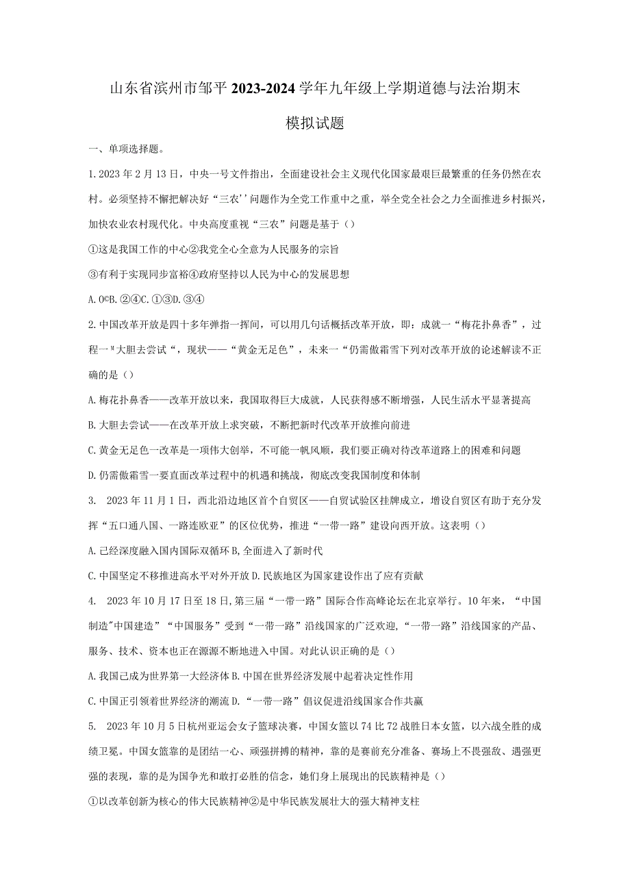 山东省滨州市邹平2023-2024学年九年级上册道德与法治期末检测试卷（附答案）.docx_第1页