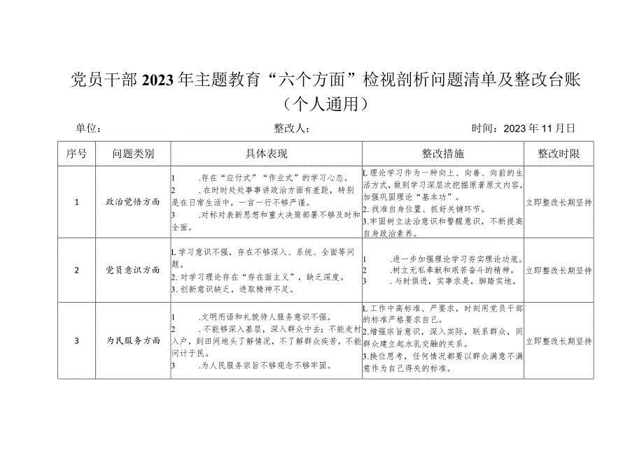 党员干部2023年主题教育“六个方面”检视剖析问题清单及整改台账（个人通用）.docx_第1页