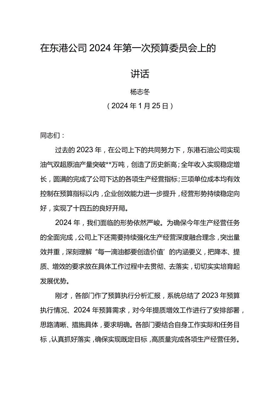 公司经理在东港公司2024年第一次预算委员会上的讲话.docx_第1页