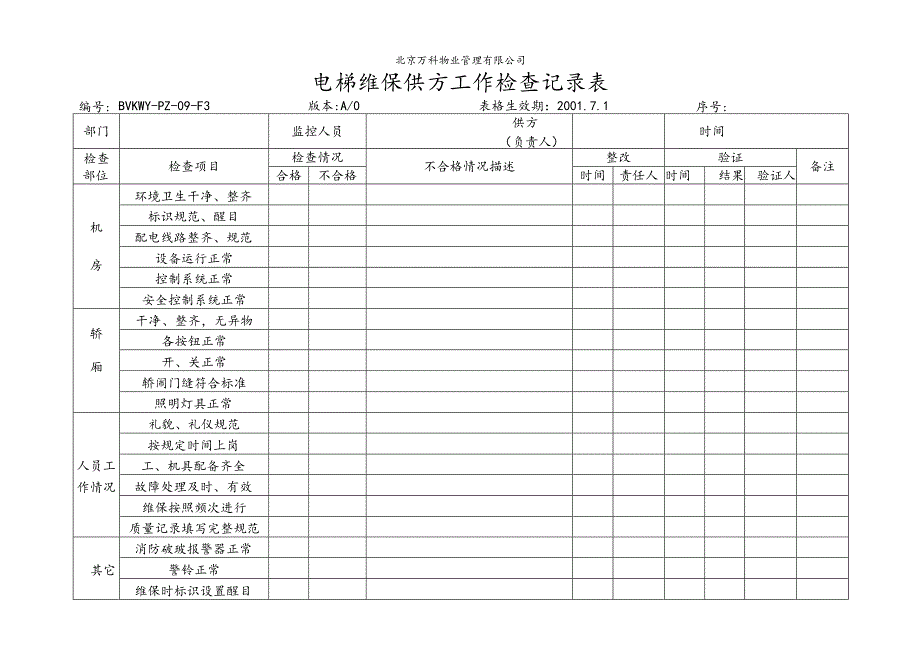 北京万科物业管理有限公司电梯维保供方工作检查记录表.docx_第1页