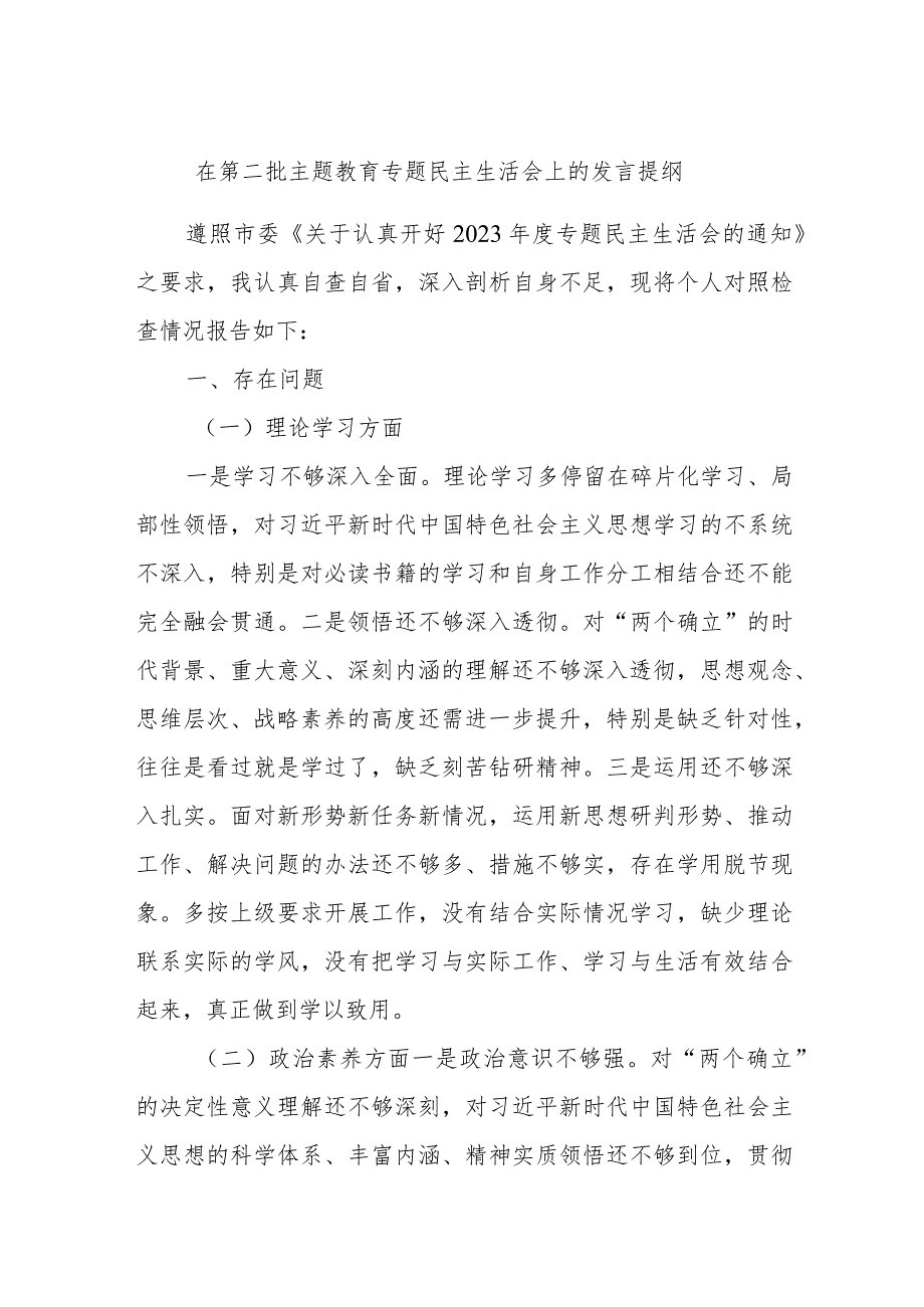 在第二批主题教育专题民主生活会上的发言提纲.docx_第1页