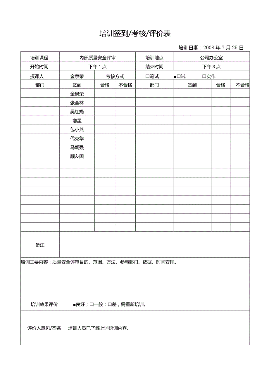 威格文件记录人事部D-J13培训签到考核评价表4.docx_第1页