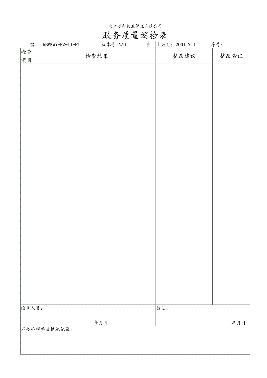 北京万科物业管理有限公司服务质量巡检表.docx_第1页