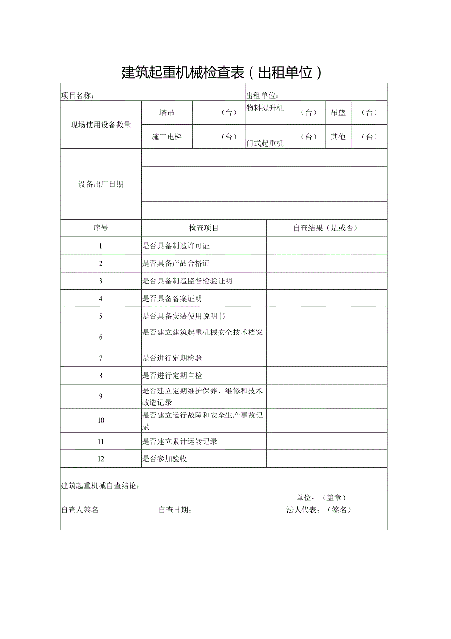 建筑起重机械检查表（出租单位）.docx_第1页