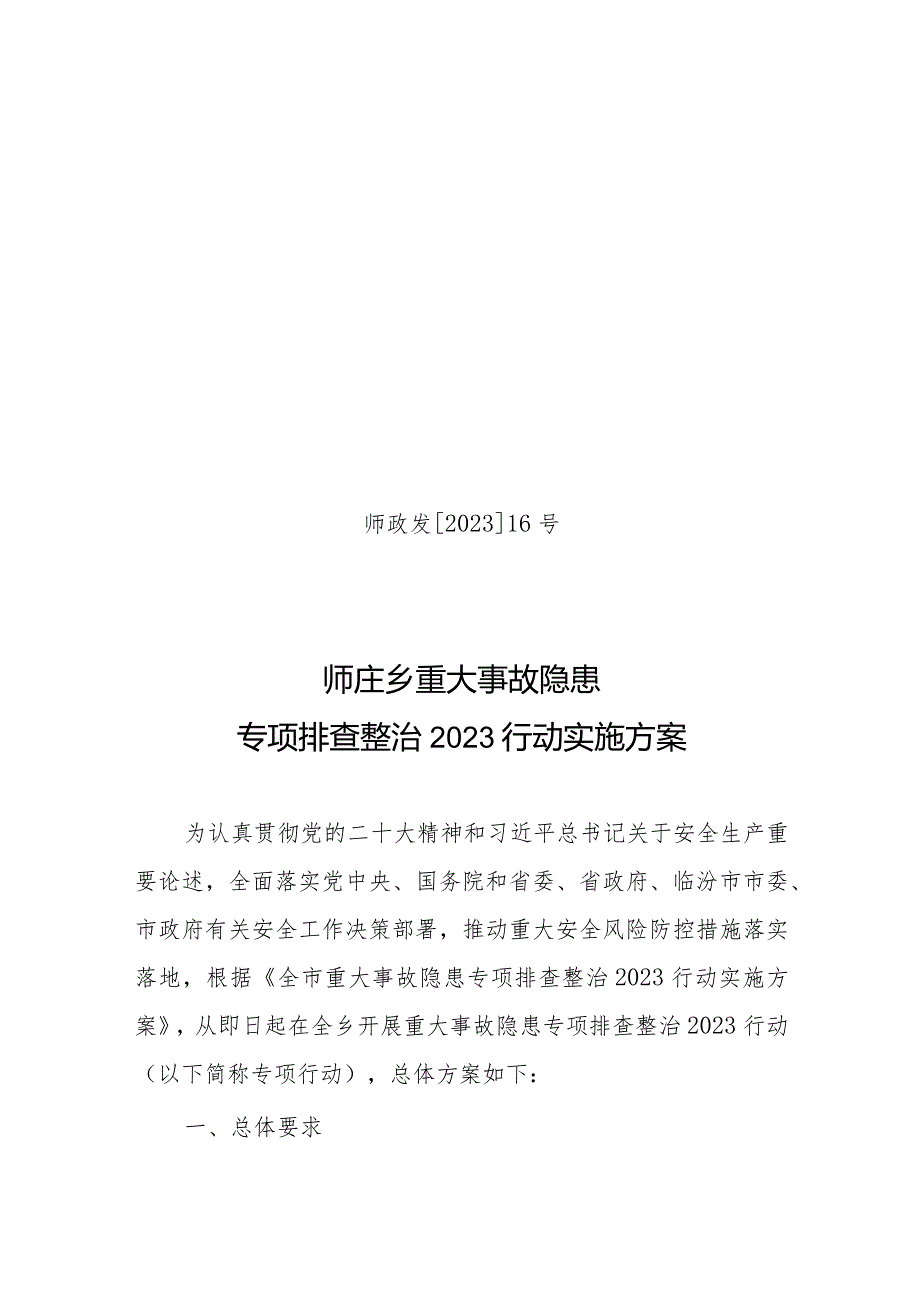 师庄乡重大事故隐患整治方案.docx_第1页