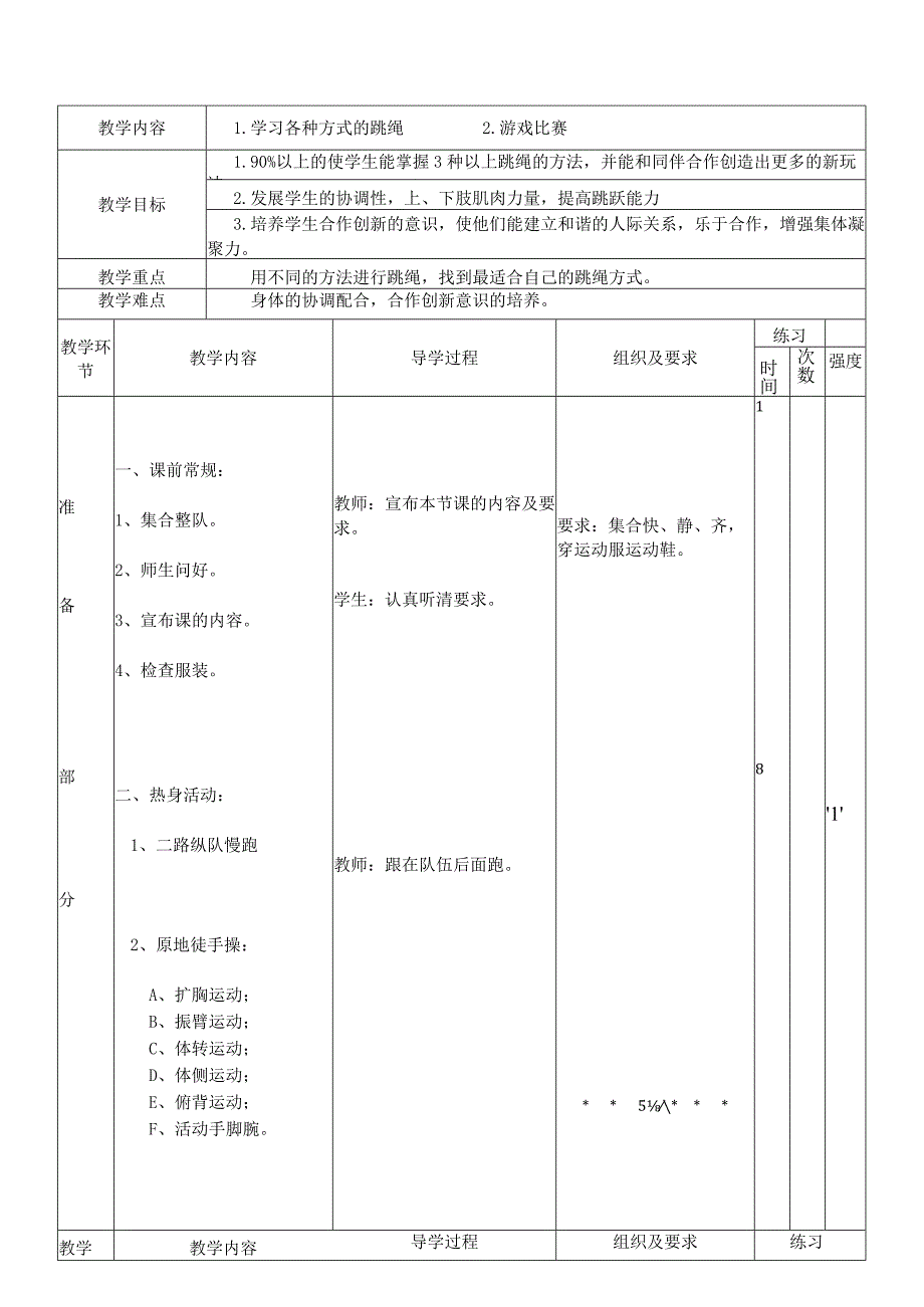 学习各种方式的跳绳（教案）人教版体育二年级上册.docx_第1页