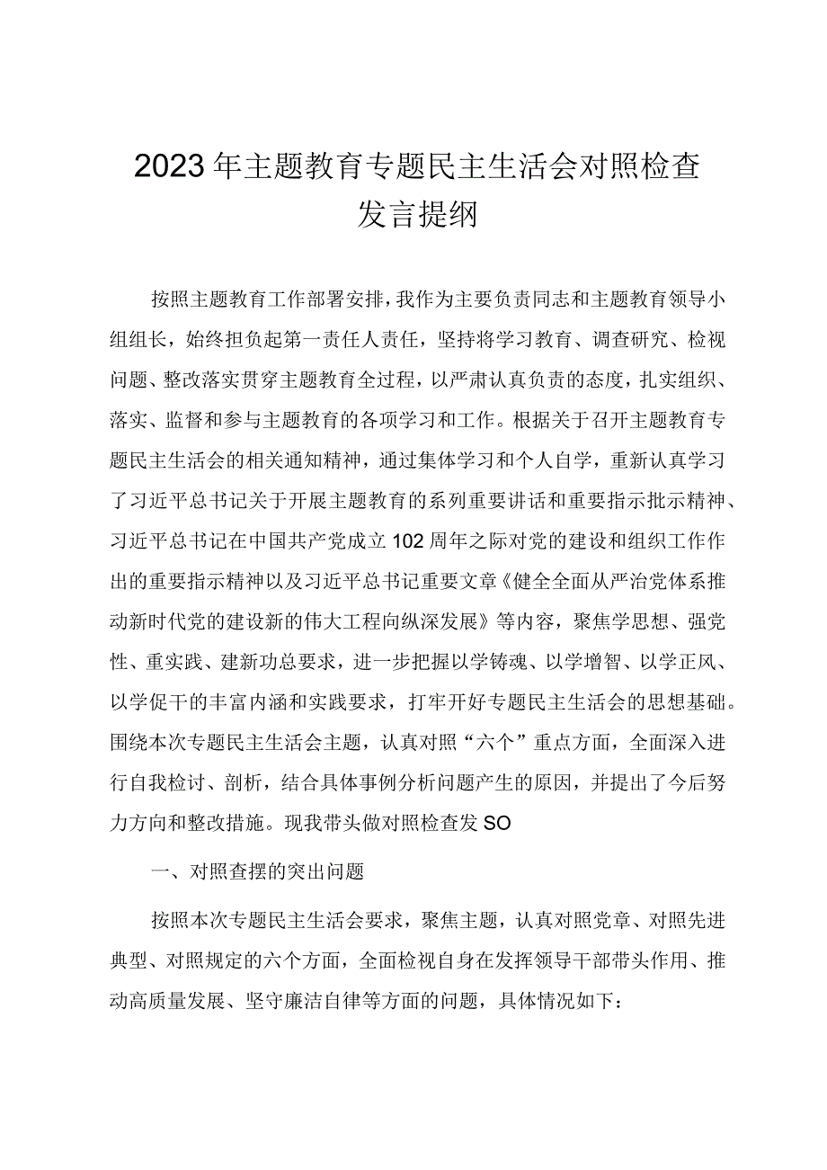 学习贯彻2023年主题教育专题民主生活会对照检查发言提纲（负责人）.docx_第1页