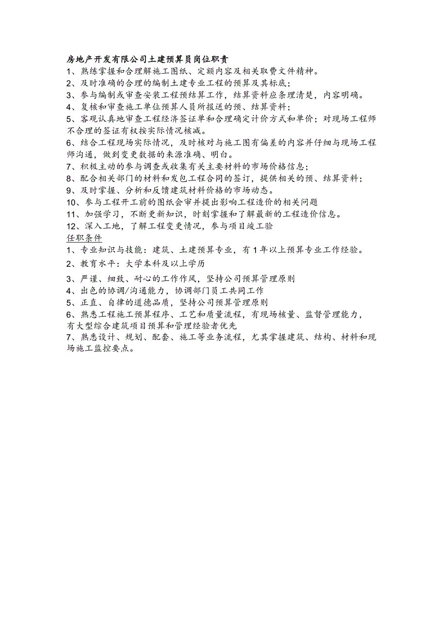 房地产开发有限公司土建预算员岗位职责.docx_第1页