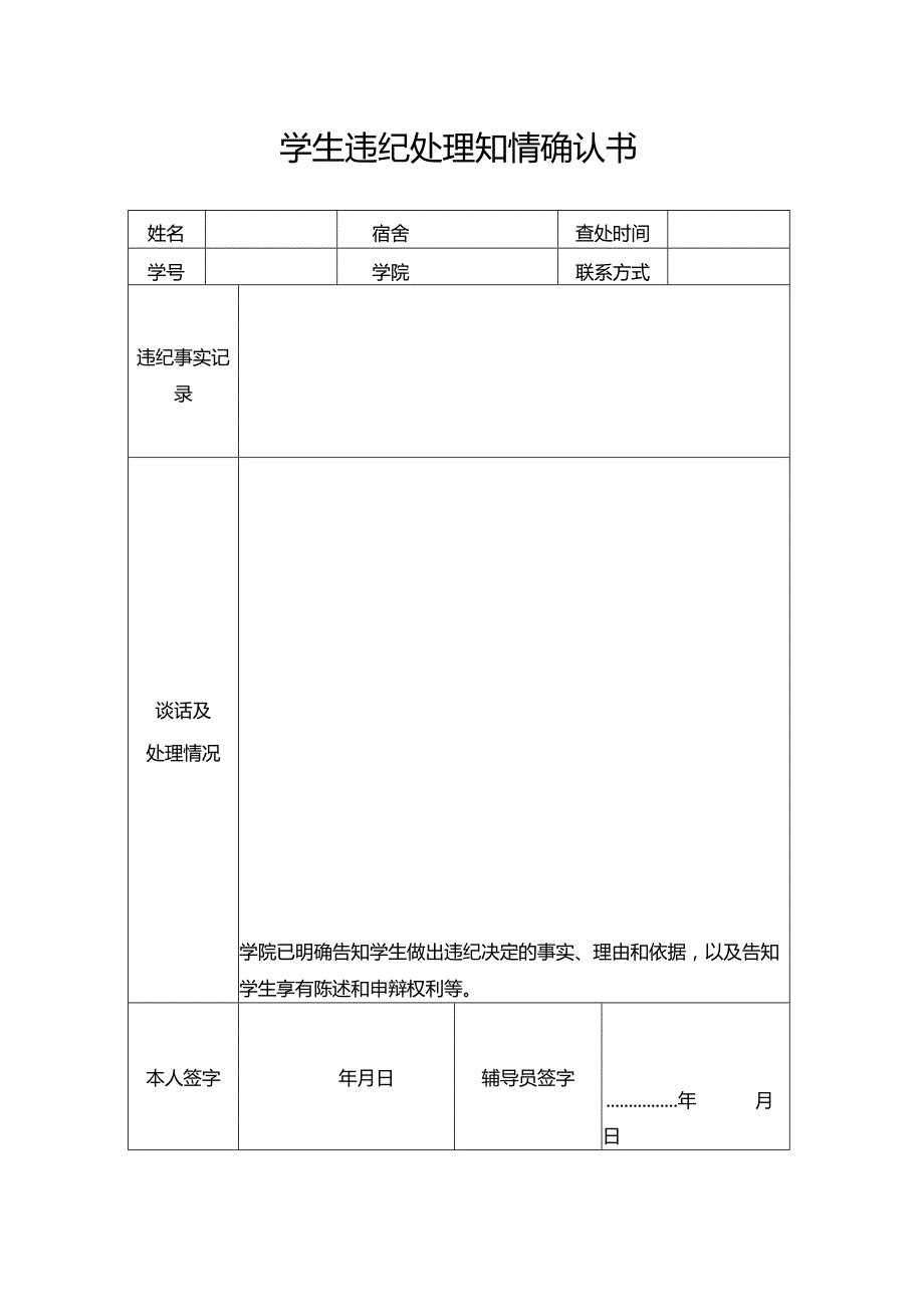 学生违纪处理知情确认书.docx_第1页