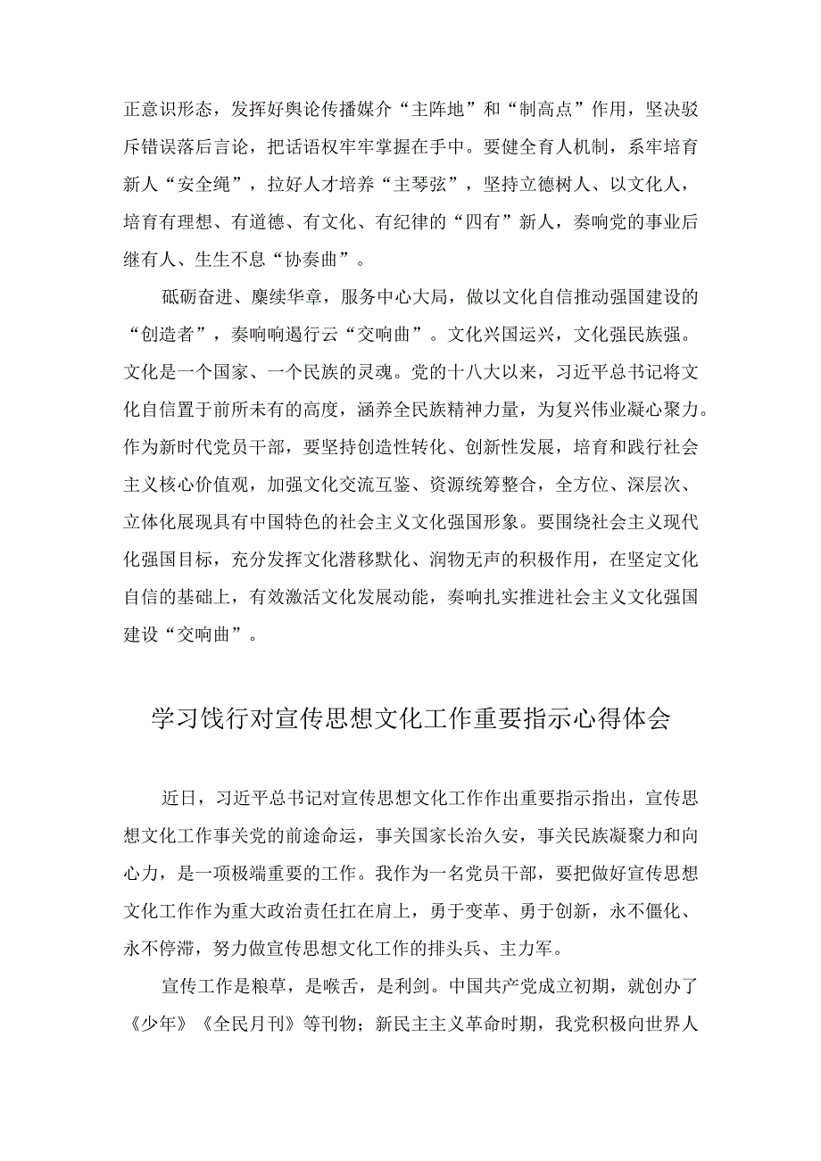 学习践行对宣传思想文化工作重要指示心得体会（3篇）.docx_第2页