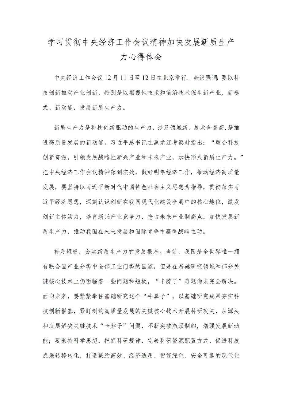 学习贯彻中央经济工作会议精神加快发展新质生产力心得体会.docx_第1页