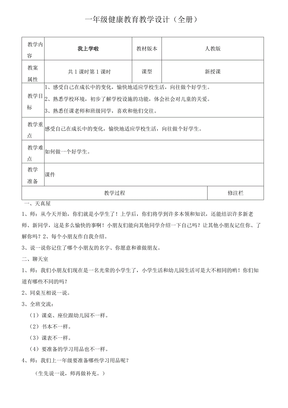 全册（教学设计）健康教育一年级上册.docx_第1页