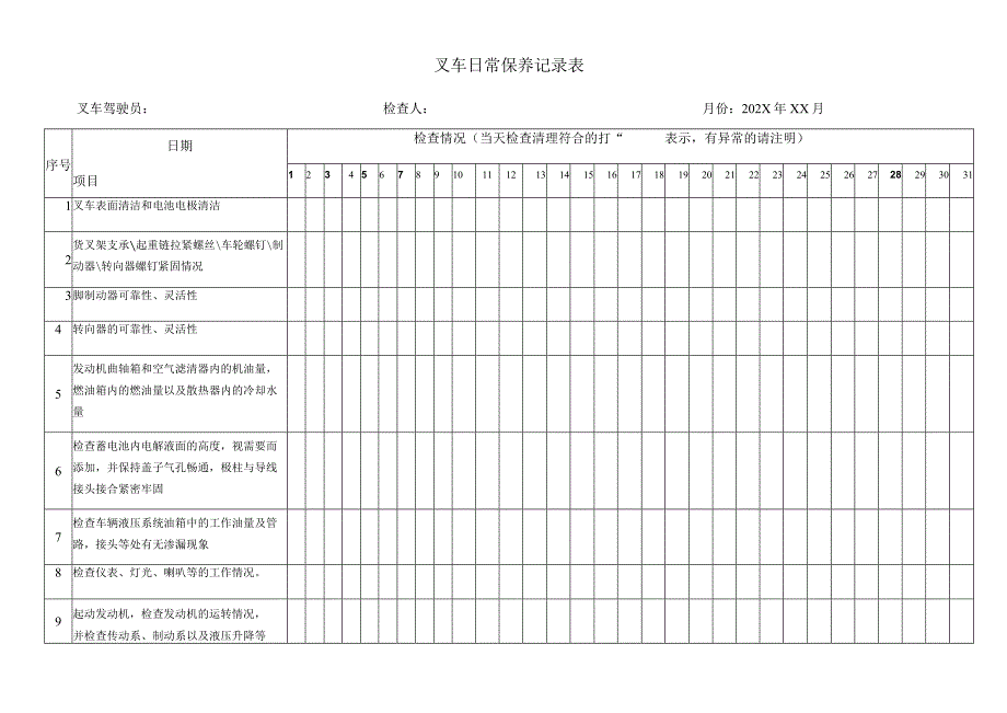 叉车日常检查保养记录表.docx_第1页