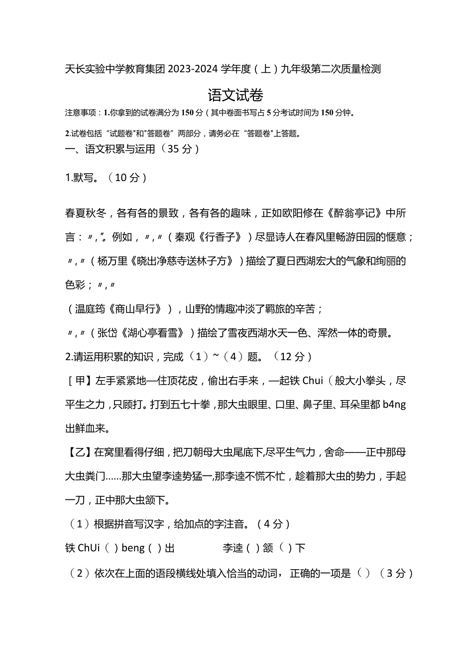 天长实验中学教育集团2023-2024学年度（上）九年级第二次质量检测.docx_第1页