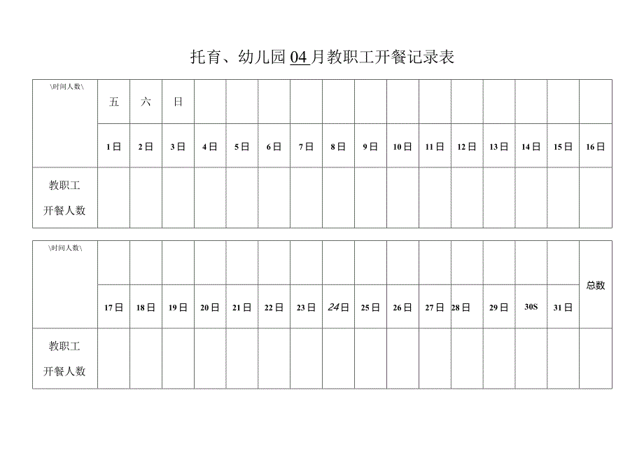 托育、幼儿园月份教职工开餐记录表.docx_第1页