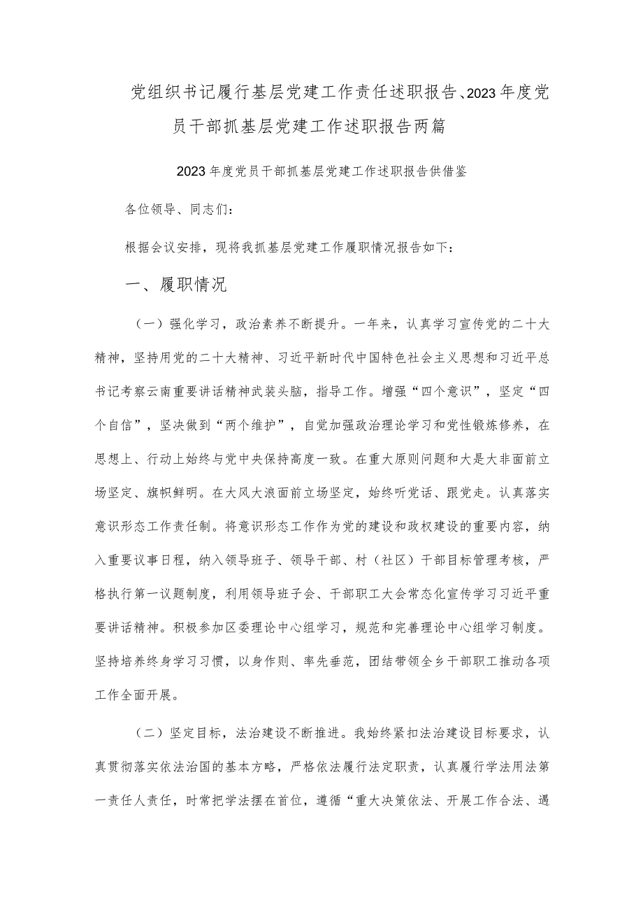 党组织书记履行基层党建工作责任述职报告、2023年度党员干部抓基层党建工作述职报告两篇.docx_第1页