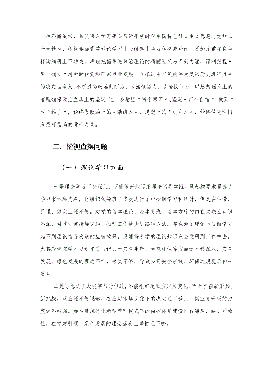 国企党委书记2023年主题教育民主生活会领导干部个人发言提纲.docx_第2页