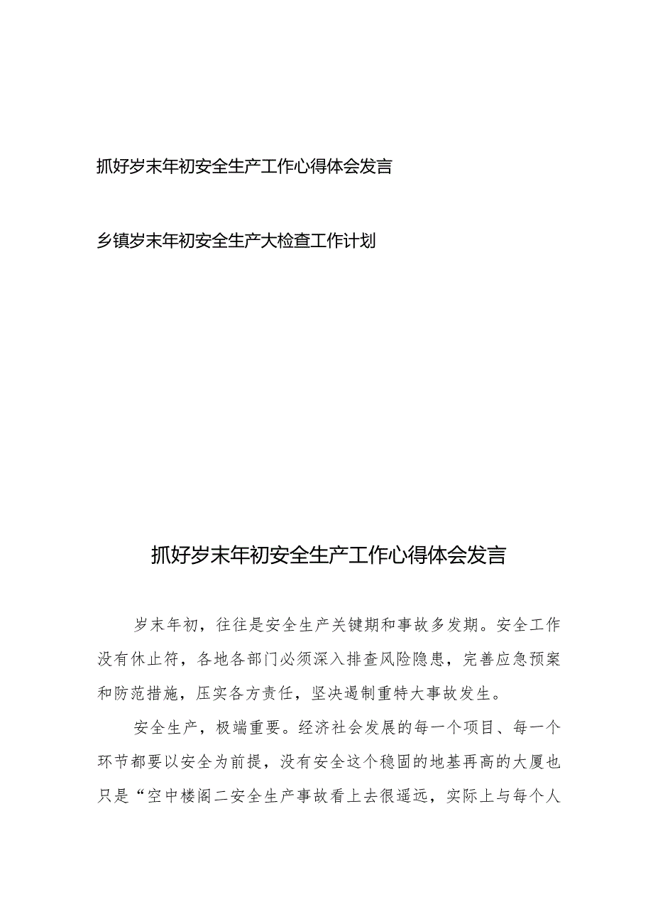 抓好岁末年初安全生产工作心得体会发言、乡镇岁末年初安全生产大检查工作计划.docx_第1页