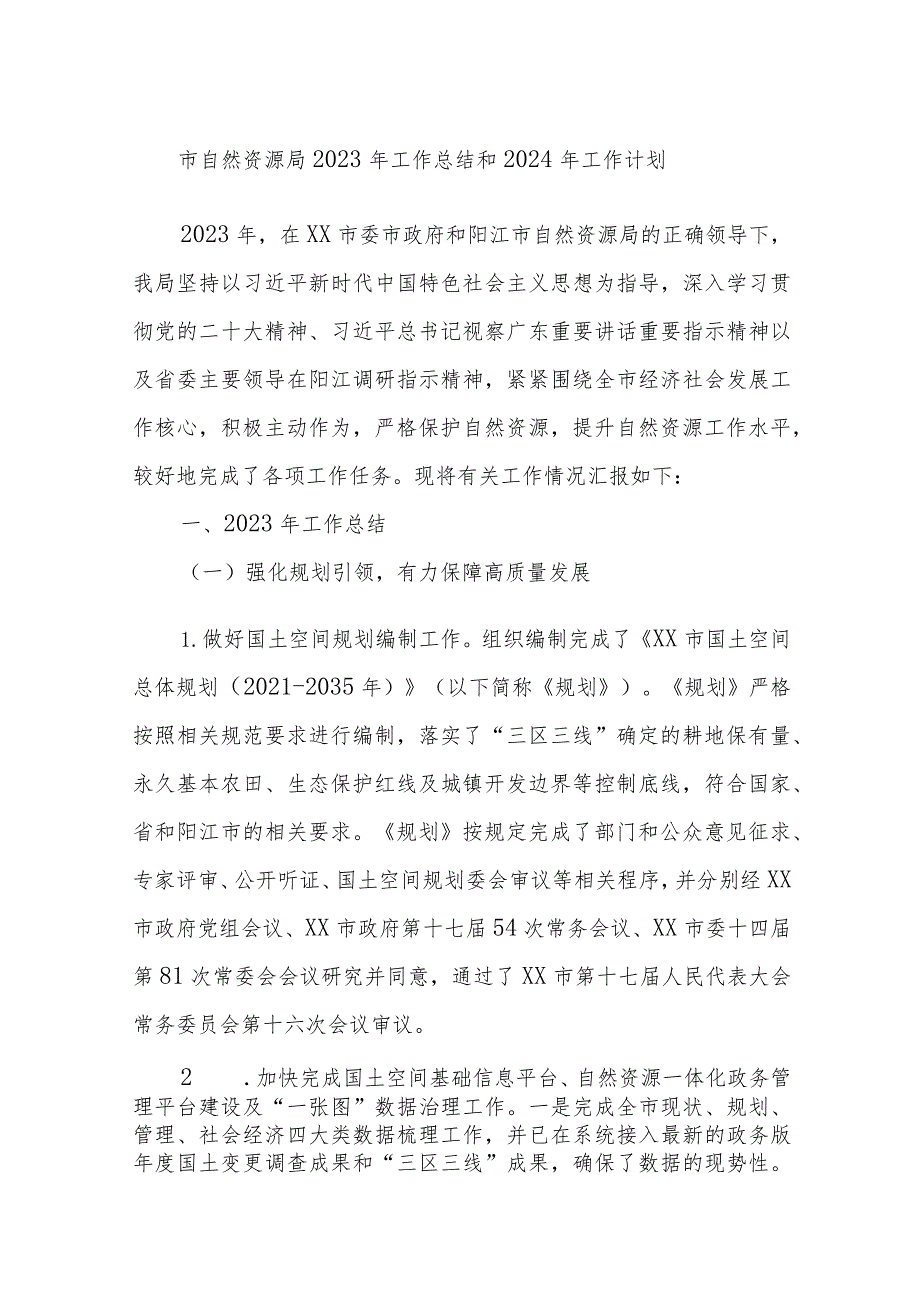 市自然资源局2023年工作总结和2024年工作计划.docx_第1页