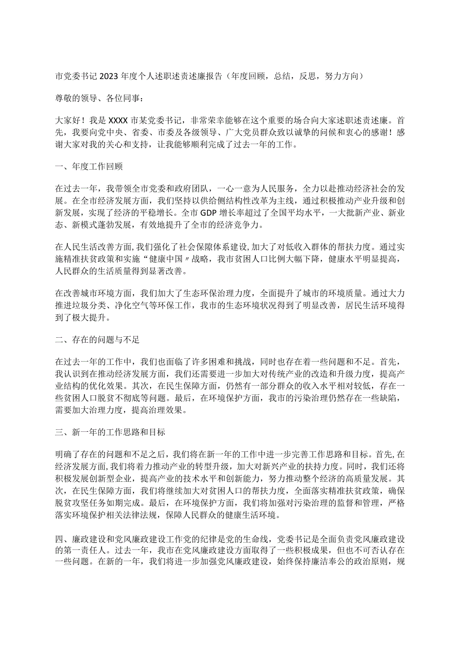 市党委书记2023年度个人述职述责述廉报告（年度回顾总结反思努力方向）.docx_第1页