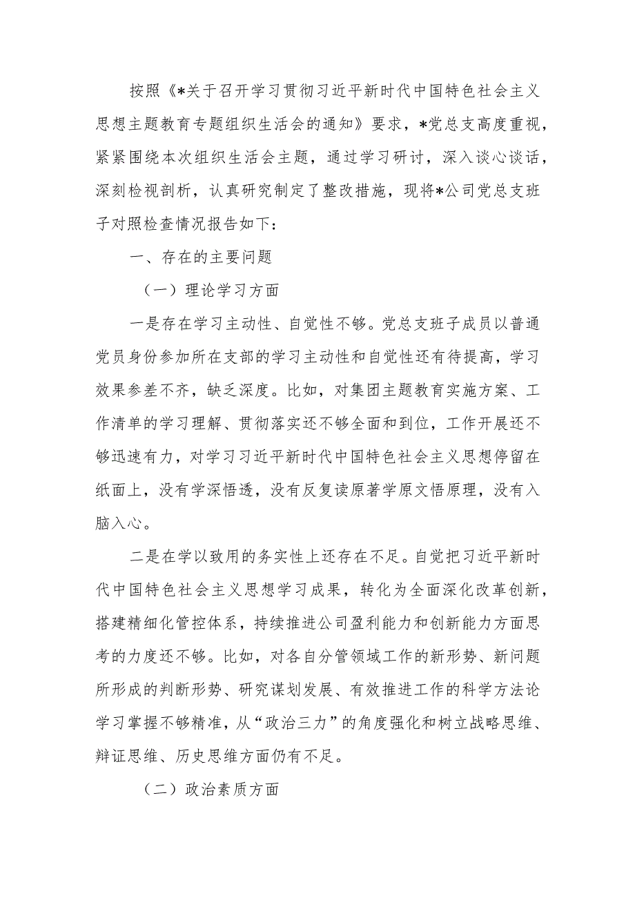 国企2023年教育专题组织生活支部班子检查材料范文两篇.docx_第1页