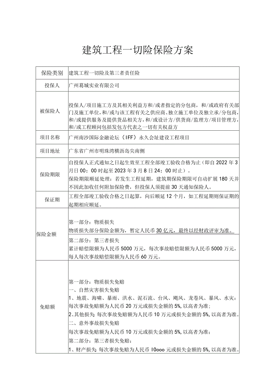 广州南沙国际金融论坛（IFF）永久会址项目建筑工程一切险保险方案.docx_第1页