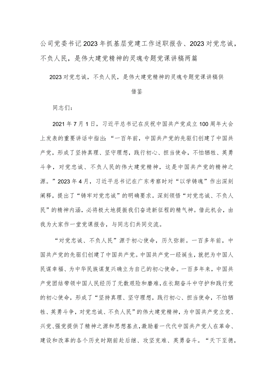 公司党委书记2023年抓基层党建工作述职报告、2023对党忠诚不负人民是伟大建党精神的灵魂专题党课讲稿两篇.docx_第1页