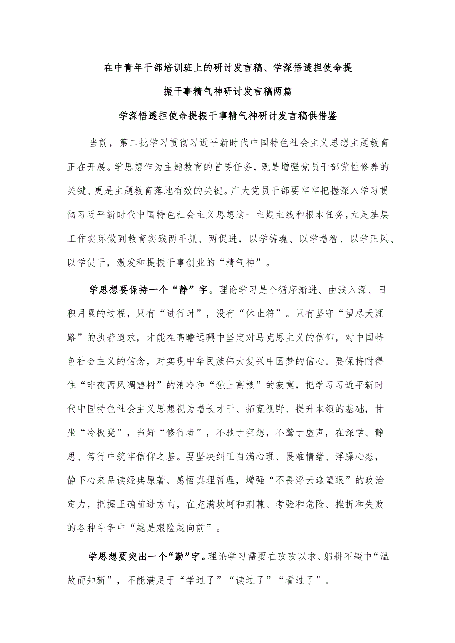 在中青年干部培训班上的研讨发言稿、学深悟透担使命提振干事精气神研讨发言稿两篇.docx_第1页