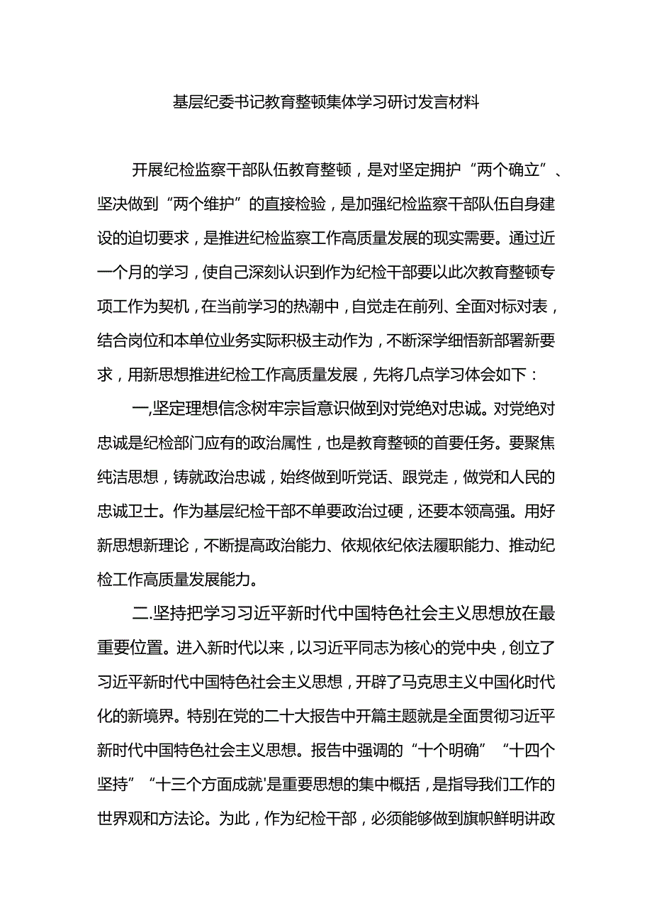 基层纪委书记教育整顿集体学习研讨发言材料2.docx_第1页