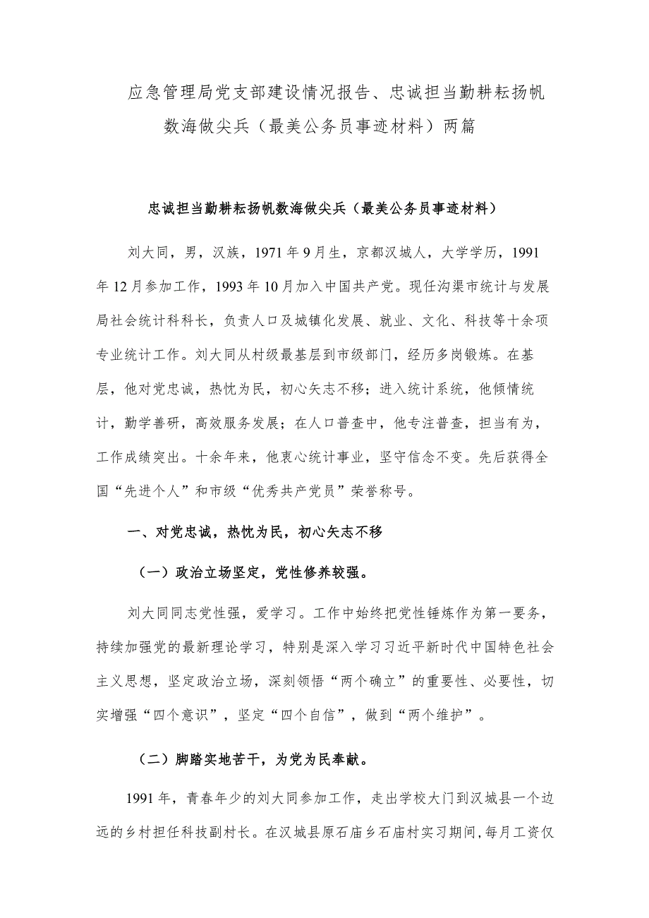 应急管理局党支部建设情况报告、忠诚担当勤耕耘扬帆数海做尖兵（最美公务员事迹材料）两篇.docx_第1页